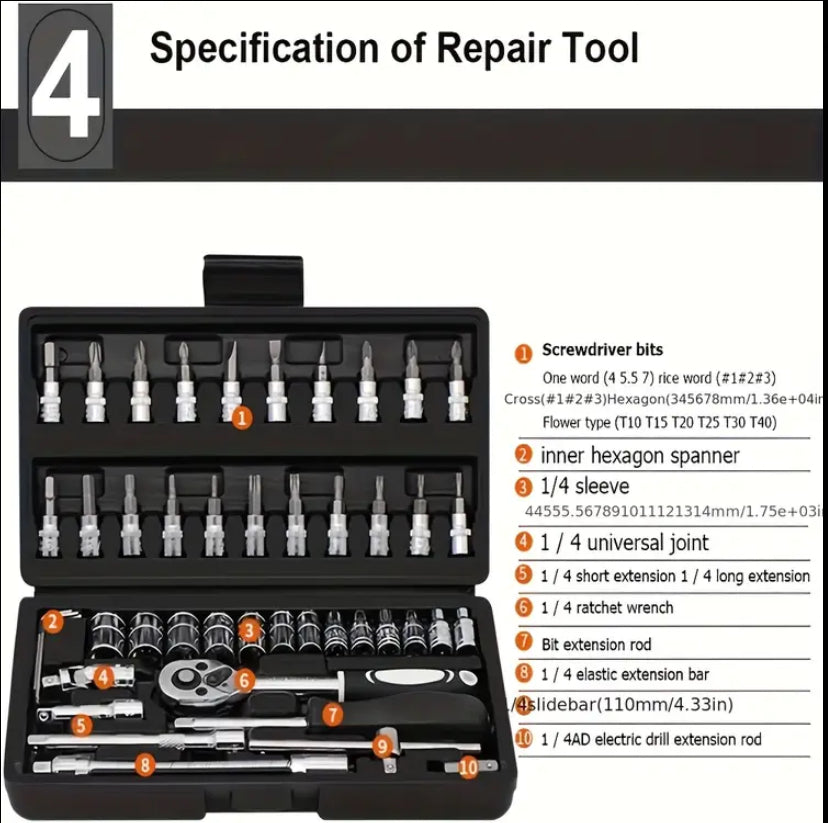 46pcs Car Repair Kit: Ratchet Torque Wrench