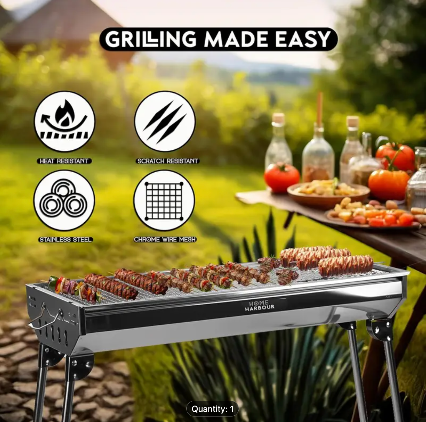 H1 Large Foldable Stainless Steel BBQ Charcoal Grill | Portable and Lightweight Barbecue | For Outdoor Picnics, Camping, Garden, Home Cooking Parties Grilling