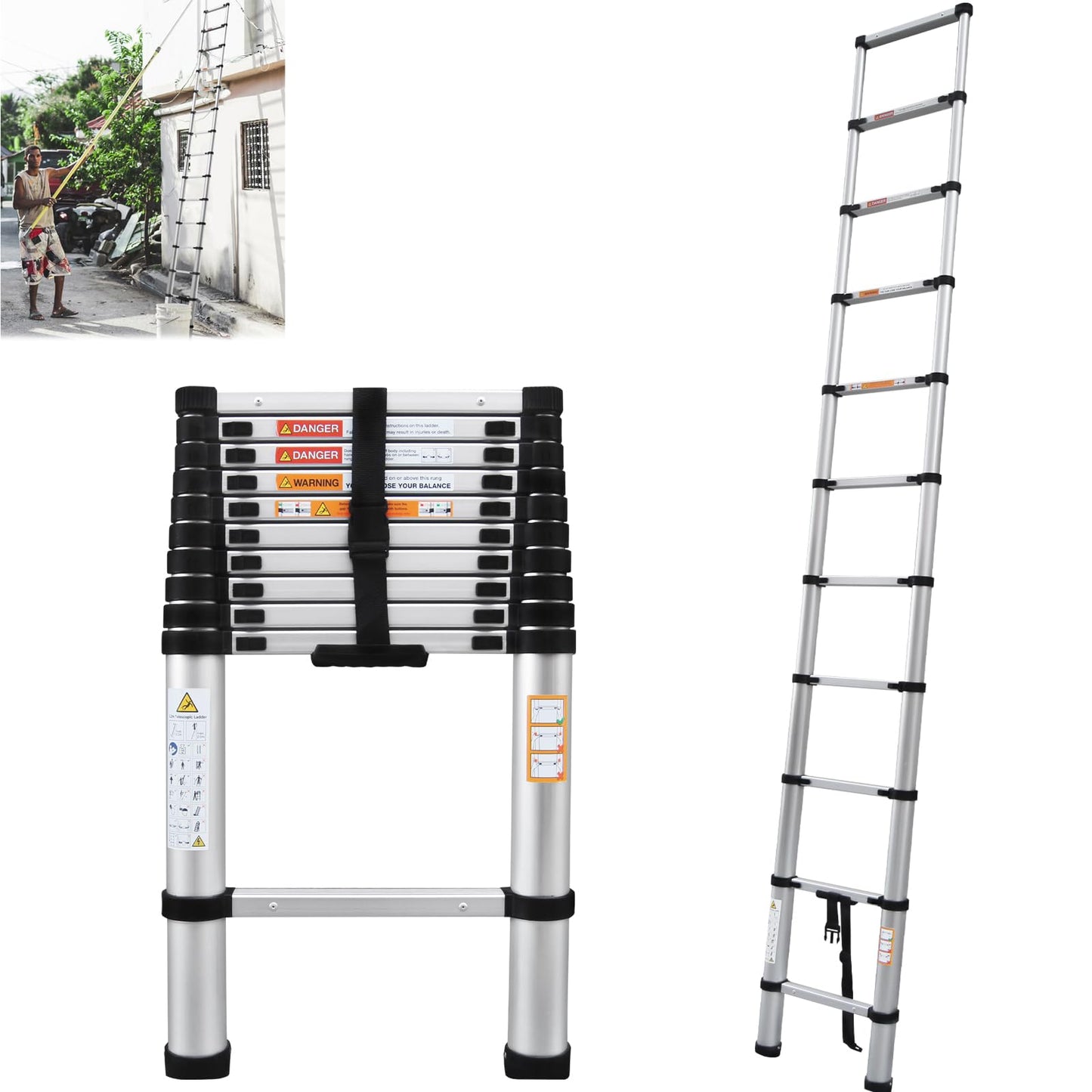 3.2M/10.5FT Telescopic Ladder Multi-Purpose Stainless Steel Extension Ladder Telescoping Ladder Extendable Anti-Slip Loft Ladder Collapsible Ladder Portable Folding Ladder