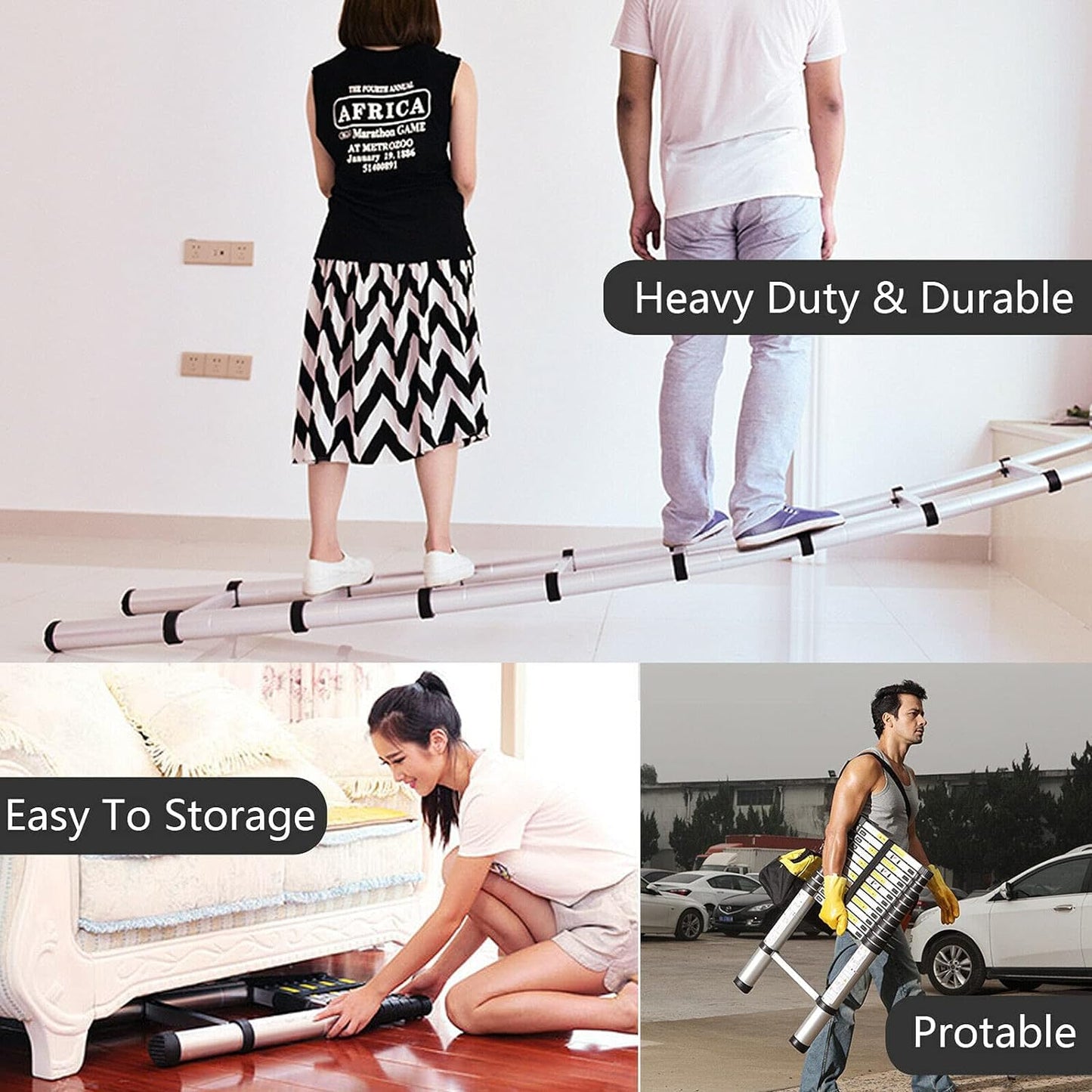 3.2M/10.5FT Telescopic Ladder Multi-Purpose Stainless Steel Extension Ladder Telescoping Ladder Extendable Anti-Slip Loft Ladder Collapsible Ladder Portable Folding Ladder
