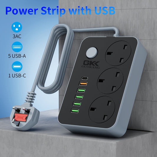 UK Power Strip Outlets Extender Switch Socket 3 AC Plug Outlets And 5USB 1Type-c Charging Ports, 6.6ft line 2500W/10A For Home, Office, Dorm And Gaming Room Surge Protector