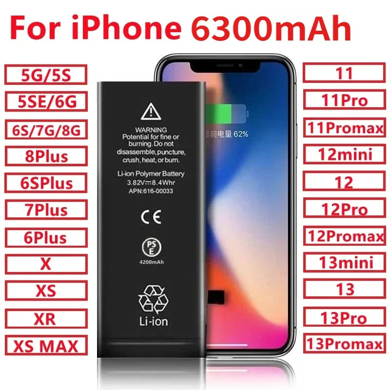 6300mAh 0 Cycle Replacement Bateria for IPhone 5S 6 6S 7 8 Plus X XR XS Max 11 12 13 Pro Max Mini Original Mobile Phone Battery