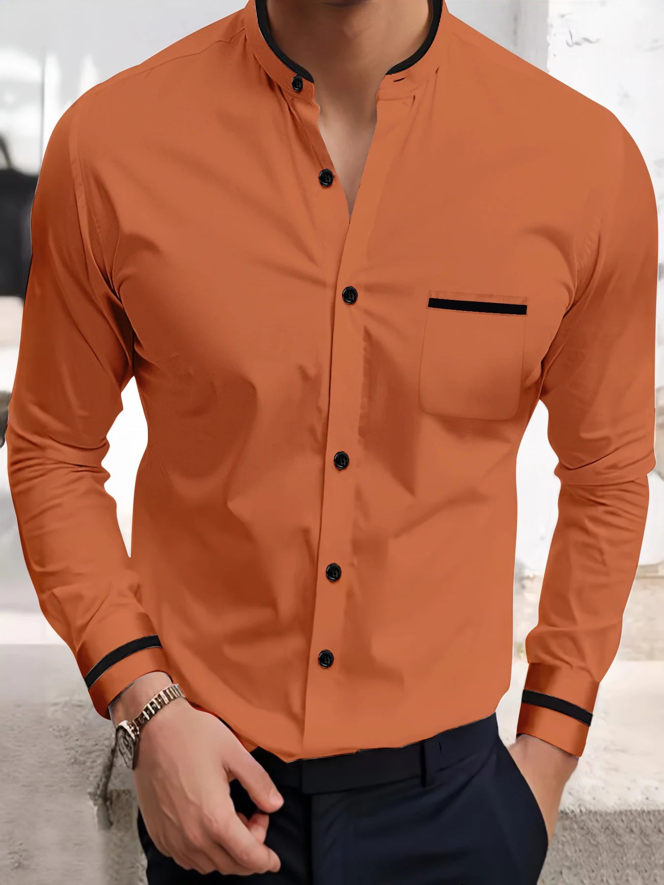 Men's casual shirt new comfortable cotton and linen single-breasted stand-up collar fashion pocket street loose long-sleeved top