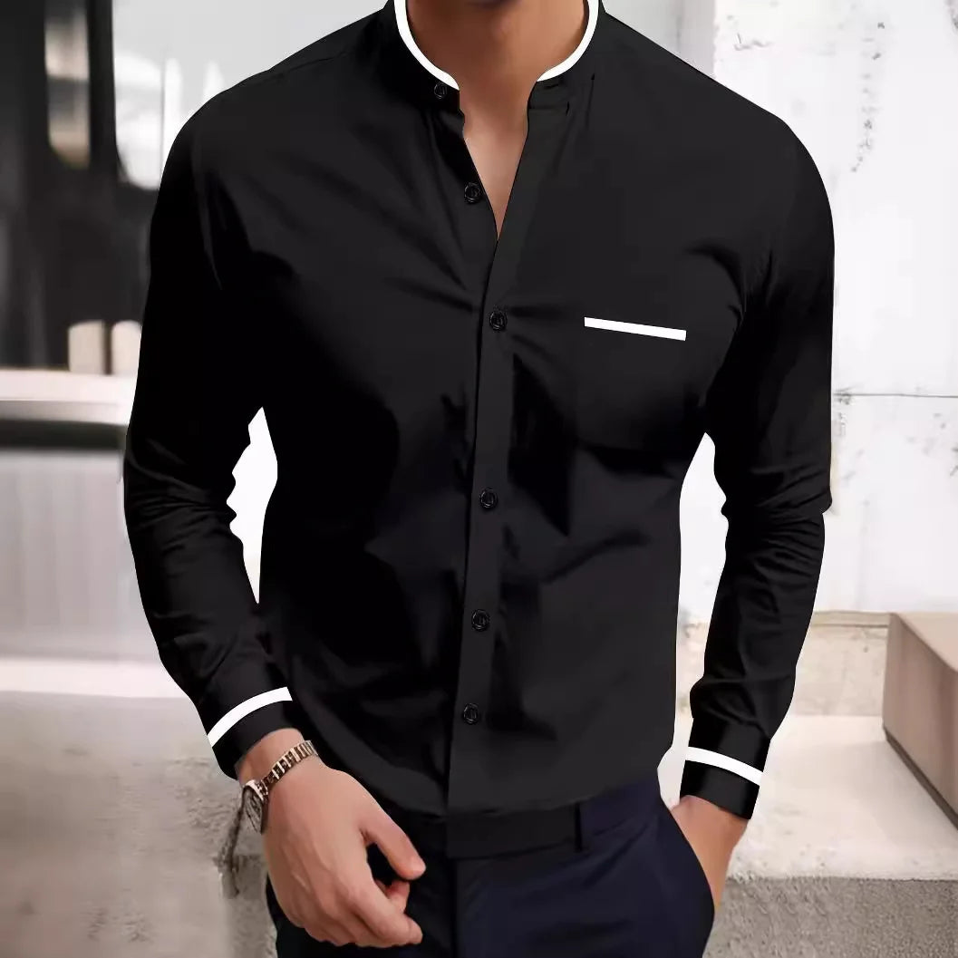 Men's casual shirt new comfortable cotton and linen single-breasted stand-up collar fashion pocket street loose long-sleeved top