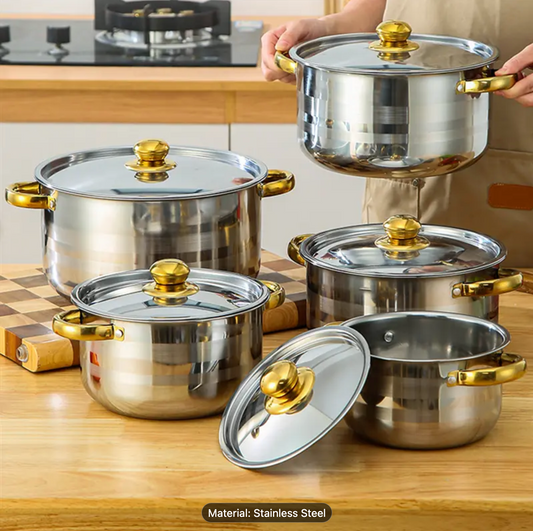 Stainless Steel Cookware Set, Multifunctional Soup Pot Set, Non Stick Pots with Lids and Double Handle, Silver Durable Cookware, 5 Different Sizes