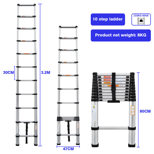 3.2M/10.5FT Telescopic Ladder Multi-Purpose Stainless Steel Extension Ladder Telescoping Ladder Extendable Anti-Slip Loft Ladder Collapsible Ladder Portable Folding Ladder